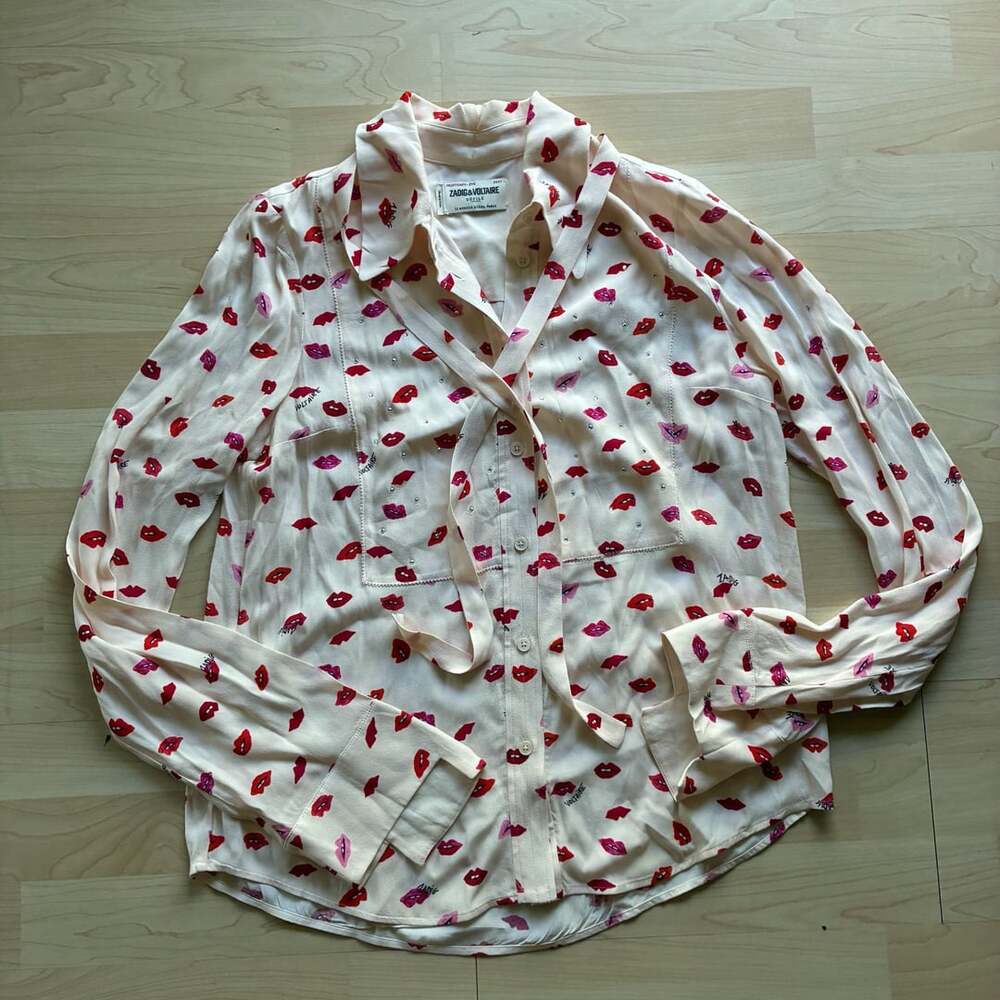 Zadig & Voltaire Tessi Crepe Lips Print Long Sleeve Blouse Size M